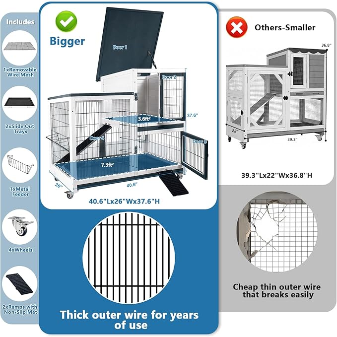 FunXplore 2-Tier Rabbit Hutch, Indoor & Outdoor Mobile Bunny Cage with Urine Guards, Weatherproof Asphalt Roof, 2 Pull Out Trays, Sturdy Small Animal Cage for Guinea Pig