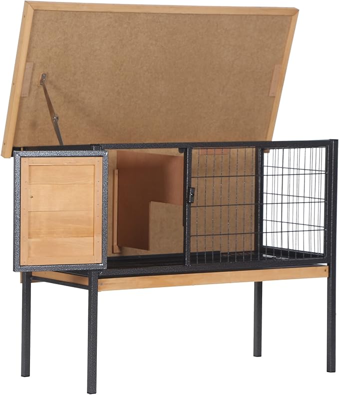 PawHut Rabbit Hutch Elevated Bunny Cage Small Animal Habitat with Metal Frame, No Leak Tray, Metal Wire Pan, Openable Water-Resistant Asphalt Roof for Rabbits, Chickens, Ducks, Indoor/Outdoor Natural