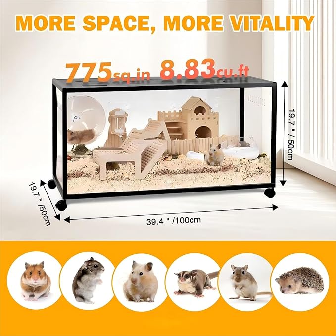 Hamster Cage, 360° Viewing Small Animal Cage, Chew‑Resistant Metal Cage, Stackable Large Cage with Top Access, for Dwarf & Syrian Hamster, Gerbil, Mouse (39 * 19 * 19IN)