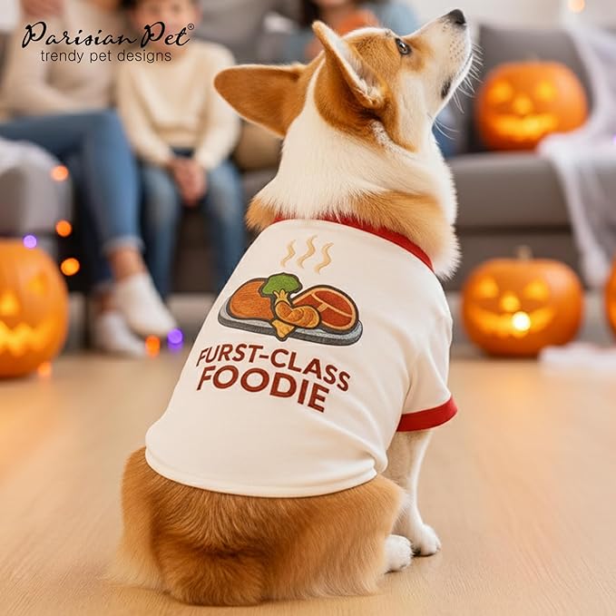 Parisian Pet Dog Furst Class Foodie Shirt - Embroidered Pet Vest - 100% Cotton & Polyester Doggy Shirt - Lightweight Pet Clothes - Sleeved Puppy Costume - Funny Shirts for Large Dogs - 3XL