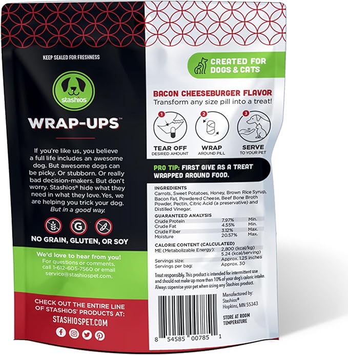 Stashios: Wrap-Ups: Pill Wrapper - Bacon Cheeseburger - 30 Servings Bag, Dogs & Cats, Treat Hides Any Size Pills, All Natural Limited Ingredients, USA (Pack of 2)