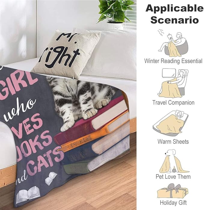 Just A Girl Who Loves Books and Cats Blanket Cute Cats Decor Throw Blanket Gifts for Girls Super Warm Soft Plush Lightweight Fleece Flannel Blanket Winter Bedding Blanket for Kids Adults Women 60"x80"