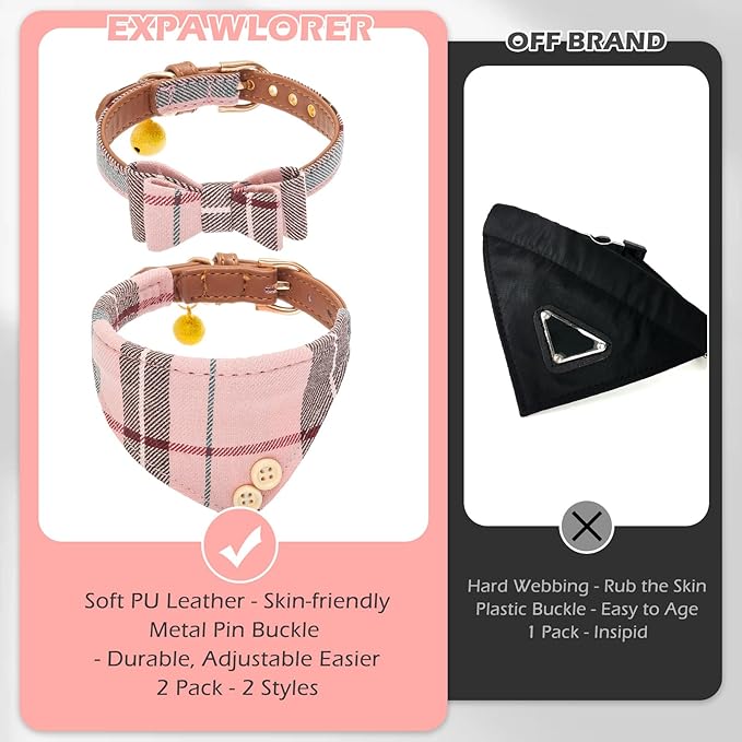 EXPAWLORER Dog Collar Bandana Set - Classic Plaid Dog Bow Tie and Bandana Collar with PU Leather, Adjustable Collars for Small Medium Large Dogs Cats, Holiday Ideal Gift, Pink XS