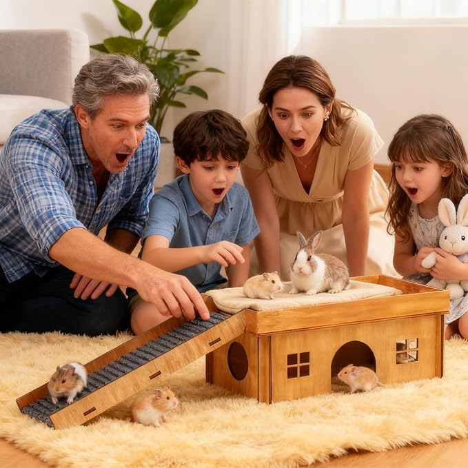 Large Rabbit Hideout, Rabbit Houses and Hideouts, Wooden Bunny House and Hideouts, Bunny Castle with Stair, Chinchilla and Guinea Pigs Hut Hideout（Excluding String Lights）