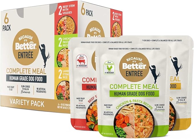 Because It's Better Entrée Complete Meal, Variety Pack, Human Grade Wet Dog Food, 10 oz Pouches, 6 Count