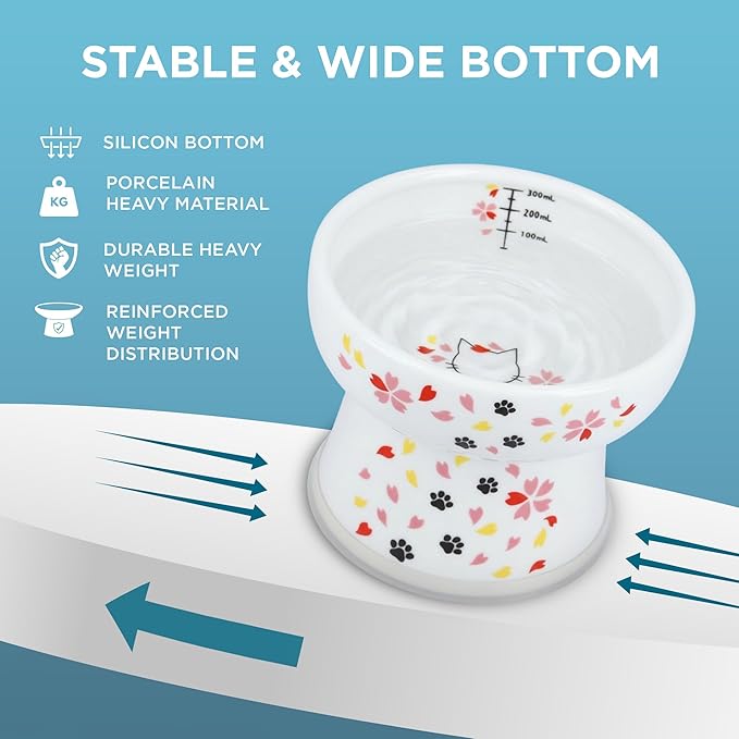 Necoichi Elevated Cat Water Bowl – Ceramic Raised Cat Bowl, Prevents Neck & Whisker Fatigue – Dishwasher & Microwave Safe – Pet Water Bowl for Cats (Sakura Floral, Extra Tall)