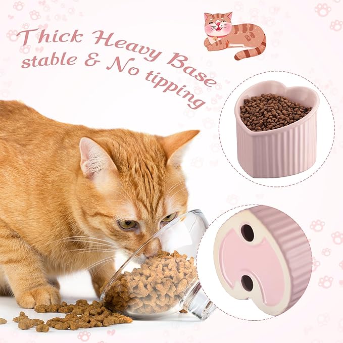 Mumufy 2 Pcs Ceramic Elevated Cat Bowls Tilted Elevated Raised Pet Bowls Anti Vomit Cat Dish for Indoor Stress Free Water Dish Feeder for Puppies, Heart Shaped(Pink)