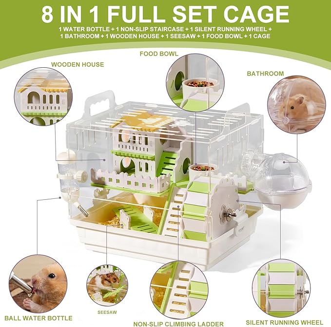 Loungewave Acrylic Hamster Cage, 2-Tier Gerbil Cage with Wooden Wheel, Small Dwarf Hamster Cage Habitat, Garden Mouse Cage for Pet Mice, Clear View Inside Easy to Clean, Green