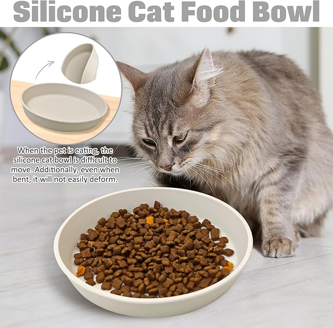 BNOSDM Silicone Cat Food Plate Shallow Dog Bowl 2 Pack Flat Puppy Feeding Dish for Small Dogs and Cats Whisker Fatigue Pet Plates for Dry and Wet Food (Beige)