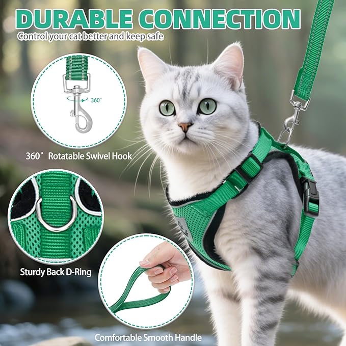 PUPTECK Cat Harness and Leash Set Escape Proof Reflective Cat Walking Harness Adjustable Soft Breathable Mesh Vest for Small Pets, Dark Green, XS