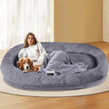 L&W BROS. Orthopedic Human Dog Bed for Large Dogs and Adults, Washable Extra Large Pet Couch with Removable Cover & Blanket, Supportive Memory Foam Lounger 71"x47" (Dark Gray)