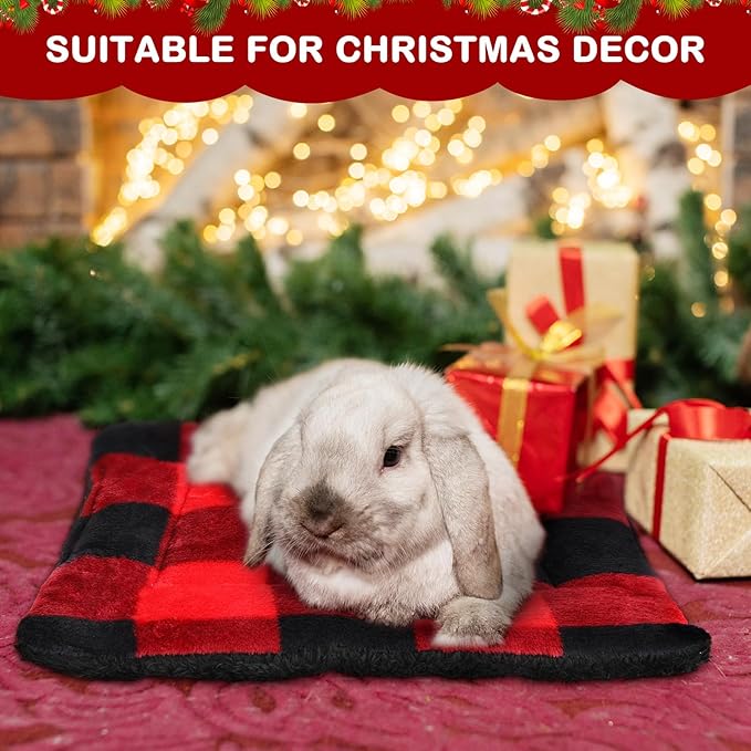Haull 4 Pcs Waterproof Guinea Pig Bedding Guinea Pig Bed Plush Cage Liners Soft Rabbit Dog Crate Pad Cat Mat Reversible Cozy Animal Pee Pad Hamster Bunny Mat Accessory(Christmas Plaid,13 x 10 Inch)