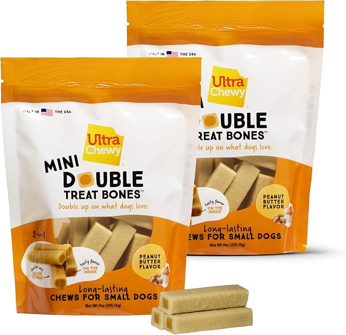 Ultra Chewy Mini Double Treat Bones: Long-Lasting Dog Treats Made in USA, Highly Digestible, Ideal for Aggressive Chewers 9oz (Peanut Butter, 2 Packs)