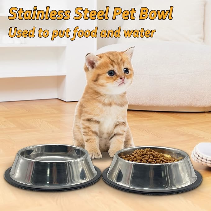 Fhiny 4Pcs Stainless Steel Dog Cat Bowl with Rubber Base Pet Food and Water Feeder Bowls Stackable Non-Slip Dish Plate for Small Medium Animals Puppy Kitten Rabbit