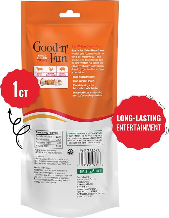 Good ‘n’ Fun Triple Flavor 8-Inch Bone for All Dogs, 1 Count, Treat Your Dog to Long-Lasting Chews Made with Beef Hide, Chicken and Artificial Pork Flavor