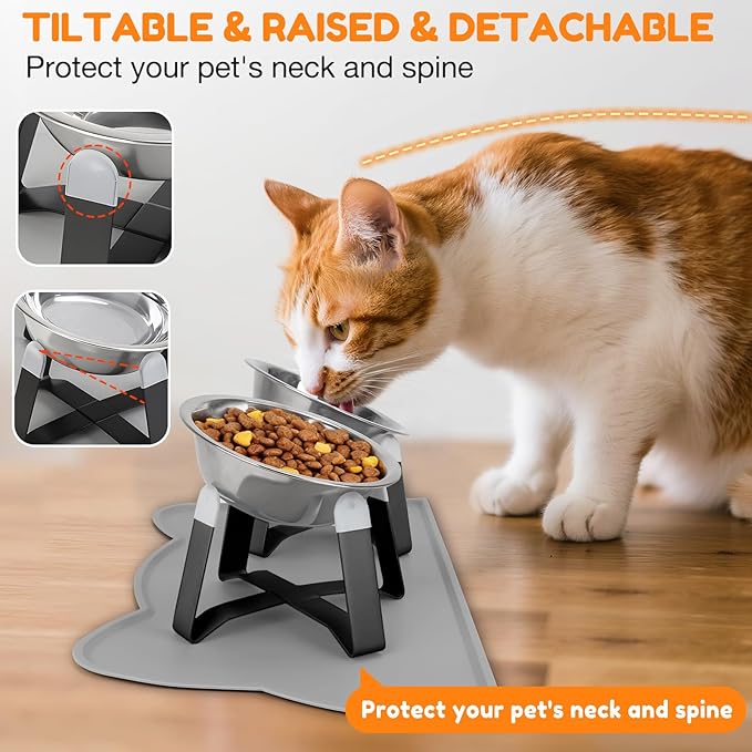 2 Pack Raised Cat Bowls Holder with Non-Slip Mat Stainless Steel Cat Feeder Elevated Pet Water Food Bowls for Cats Puppies Rabbits (Black)