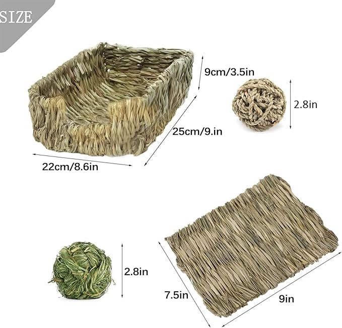 Hamiledyi Rabbit Grass Bed Natural Handmade Hay Mat Chew Balls for Rabbit Gerbil Chinchilla Guinea Pig Ferret Other Small Animals