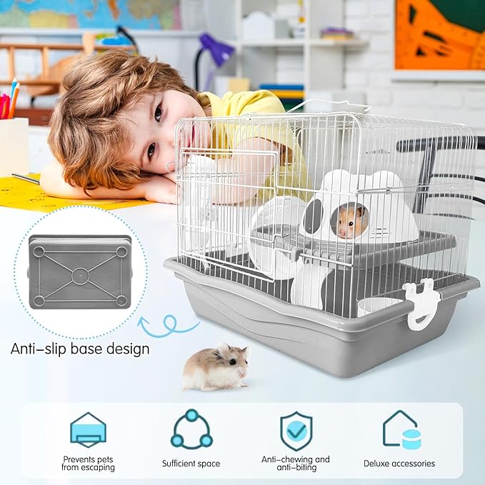 PINVNBY Dwarf Hamster Cage, Small Animal Cages, 2-Tier Travel Portable Mouse Cage Hamster Carrier with Castle House Running Exercise Wheels, Water Bottle and Food Dish（Gray）