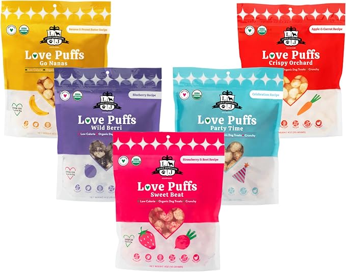 Lord Jameson Natural Dog Treats - Love Puffs 5-Flavor Complete Bundle - USDA Certified, Low Calorie - All Dogs - Gluten-Free, Sensitive Stomach - 5 x 4oz Pack