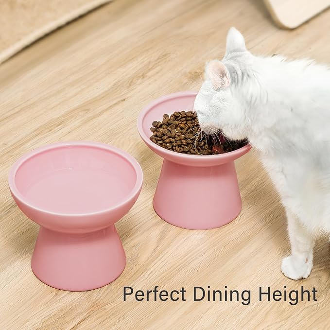CEEFU Extra Wide Elevated Ceramic Cat Water Bowl - 6.2" Deeper Dish for Whisker Fatigue Relief, 5" Height for Easy Feeding, Lead & Cadmium Free, Durable Raised Cat Bowls, Pink
