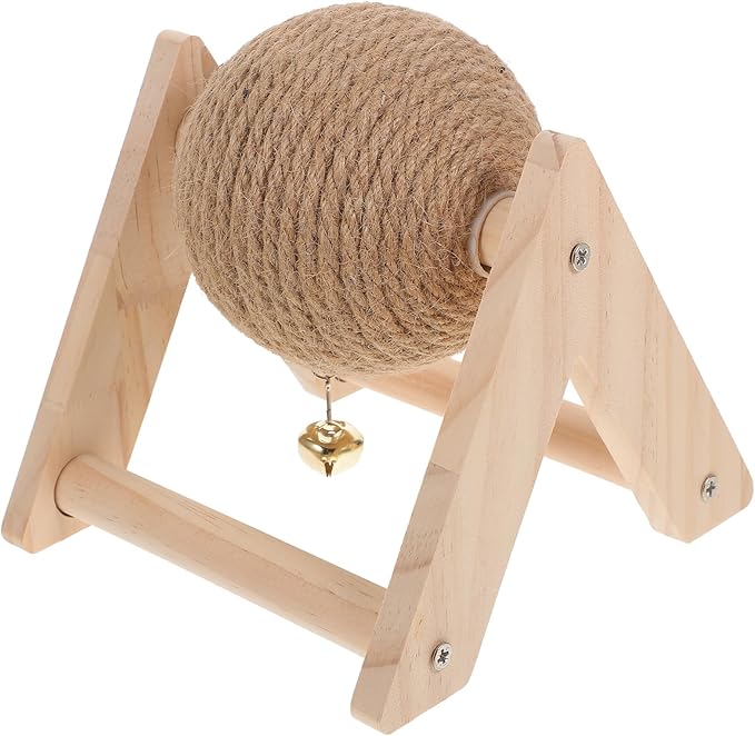 POPETPOP Rabbit Scratching Globe Toy - Natural Wood Sisal Kitten Scratch Ball with Bell Toy, Rabbit Scratching Toy for Indoor Cats, Rabbits Small Animals, Chewing and Grinding Toy