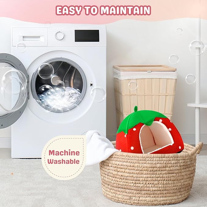 Rabbit Hideout, Washable Bunny Bed with Removable Pee Pad, Plush Indoor Rabbit House, Adorable Strawberry Design Small Animal Hideaway for Guinea Pig, Red