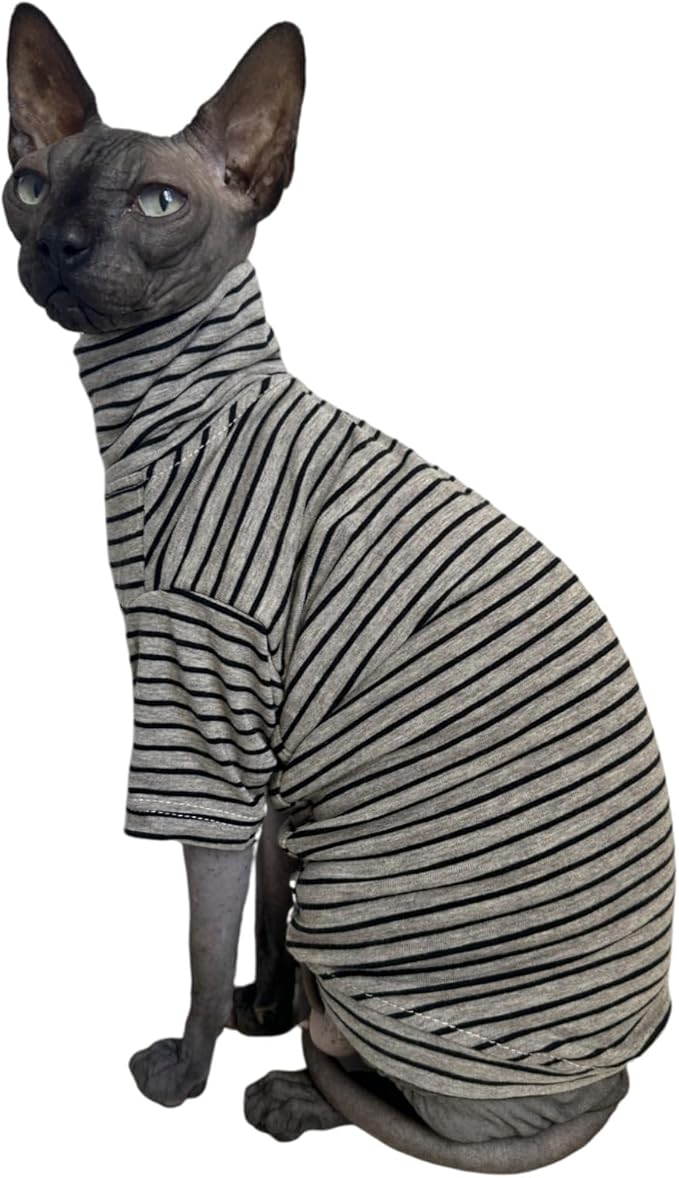 Vintage Stripes Sphynx Hairless Cats Shirt Cotton Cat Turtleneck Pet Clothes Kitten T-Shirts with Sleeves for Sphynx Cornish Rex, Devon Rex, Peterbald (Grey Stripe, Small (Pack of 1))
