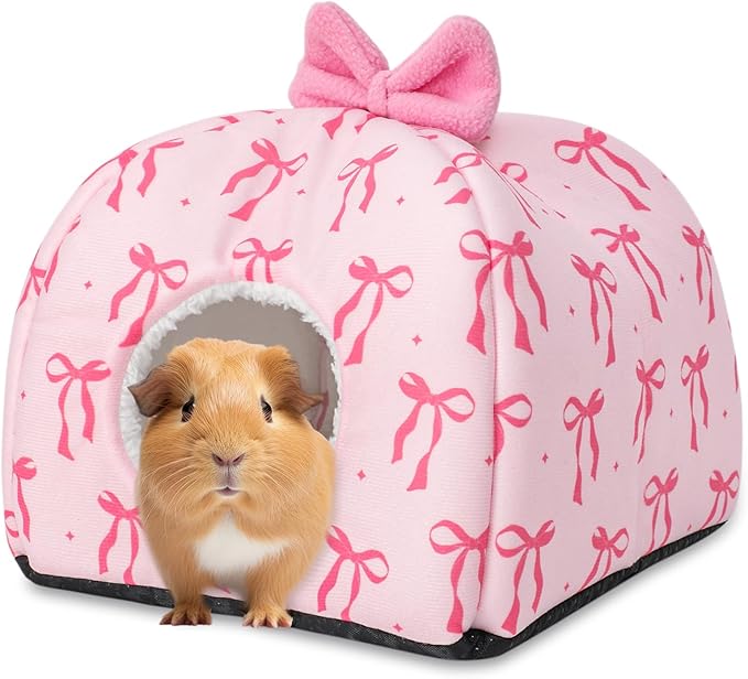 JarThenaAMCS Washable Guinea Pig House Bed Pink Bow Bunny Hideout Cage Accessories Reusable Hideaway for Ferret Hedgehog Small Animal, 9.5 x 9.5 x 8 Inch