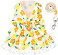 ABRRLO Dog Harness Dress Leash Set for Small Dog Summer Clothes Girl Female Puppy Cats Outfits Cute Floral Bowknot Princess Birthday Dress for Extra Small Pet Doggie Kitten Outfits Apparel(Yellow,XS)