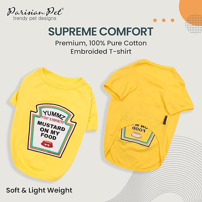 Parisian Pet Dog Costume - 100% Cotton Yellow Dog Clothes for Medium Dogs - Lightweight Puppy Outfits - Funny Schitzu Clothes - Sleeved Mustard Shirt for Dogs - Stretchy and Stylish Pet Costume