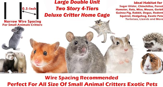 Deluxe Large Double Unit Two Story 4-Level Durable Front Doors Chew-Free Feisty Ferret Hammock Squirrel Chinchilla Small Animal Critter Wrought Iron Cage Tight 1/2-inch Bar Spacing Rolling Stand