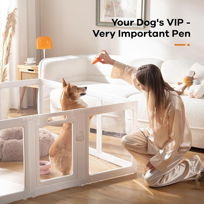 Clear Acrylic Dog Playpen Indoor, Puppy Cat Small Pet Play Pen, Pet Cat Playpen for Rabbits, Dog Fence Crate Kennel Whelping Cage (24", White, 10 Panels)