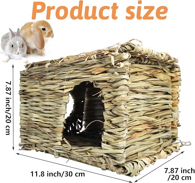 Hamiledyi 3PCS Grass House for Rabbit, Edible Bunny Hut Natural Grass Woven Foldable Pet Play Hideaway Hay Mat Chew Toys for Guinea Pig Hamster Chinchilla, Safe Cozy Sleep 11.8x7.87x7.87 inches