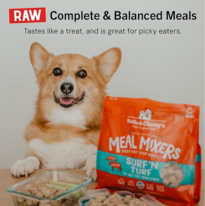 Stella & Chewy's Freeze-Dried Raw Surf & Turf Meal Mixers - Dog Food Topper and Mixer - Made with 95% Grass-Fed Beef & Wild-Caught Salmon - Perfect for Picky Eaters - Grain-Free - 18 oz