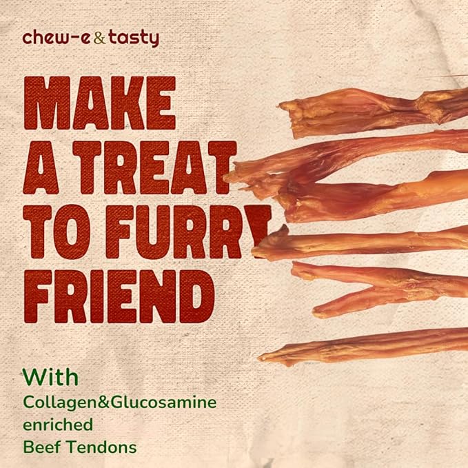 chew-e&tasty Beef Tendon Chews for Dogs (7-10 Inch, 6 Pack), All Natural Rawhide Free Dog Chews, Long Lasting w/Chondroitin & Glucosamine, Dental Health for Small, Medium, Large Dogs