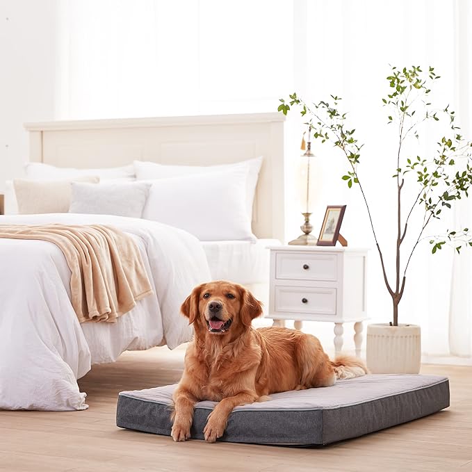 Cooling Dog Beds for Dogs, Orthopedic Memory Foam Dog Bed，Washable Pet Beds for Crate with Faux Fur Cover, Waterproof Lining (Grey, X-Large: 41" x 29" x 4")