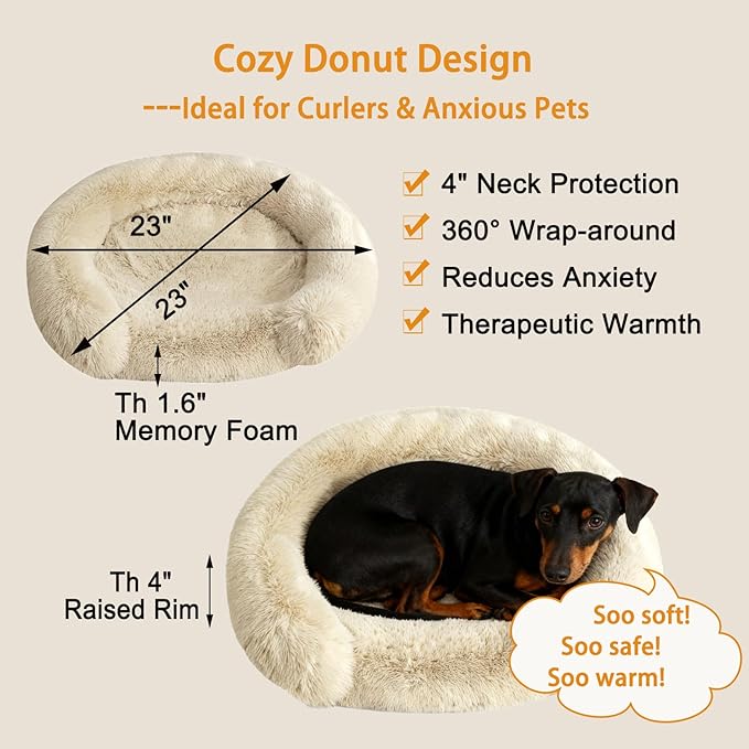 Calming Dog Bed for Small Medium Dogs, Anti-Anxiety Donut Washable Puppy Bed Orthopedic Cushion, Soft Fluffy Faux Fur Plush Warming Cozy Cat Bed, Fits up to 25 lbs Pets (Round, Beige 23")