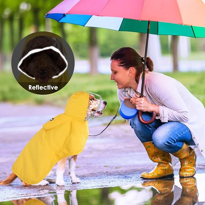 Lukovee Dog Raincoat, Adjustable Dog Rain Jacket with Clear Hooded Double Layer for Large Medium Small Dogs Puppies, Waterproof Rain Coat Poncho with Reflective Storage Pocket & Rim (Yellow, S)