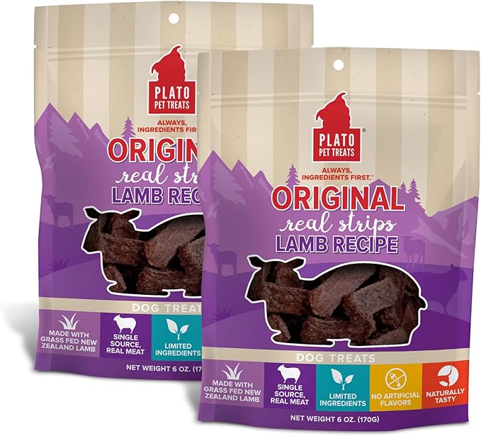 PLATO Pet Treats Real Strips Dog Treats – Lamb – Air-Dried High Protein Dog Treats – Limited Ingredient, Nutrient Dense, No Artificial Flavours– Made in USA – 6 oz