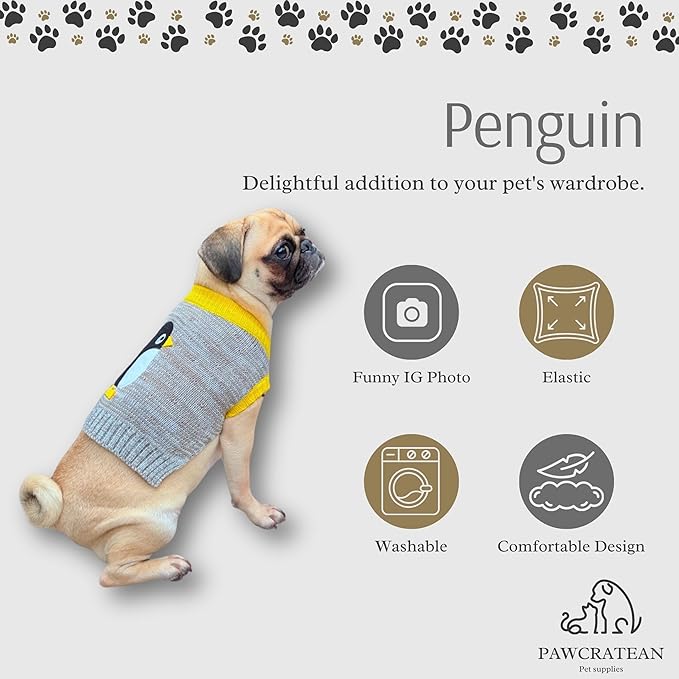 Cute Sweater for Dogs and Cats Soft Flannel Pet Outfit Warm and Cozy Animal Hoodie Small to Large Pet Clothes for Halloween Parties and Everyday Wear (X-Small, Grey Pinguin)