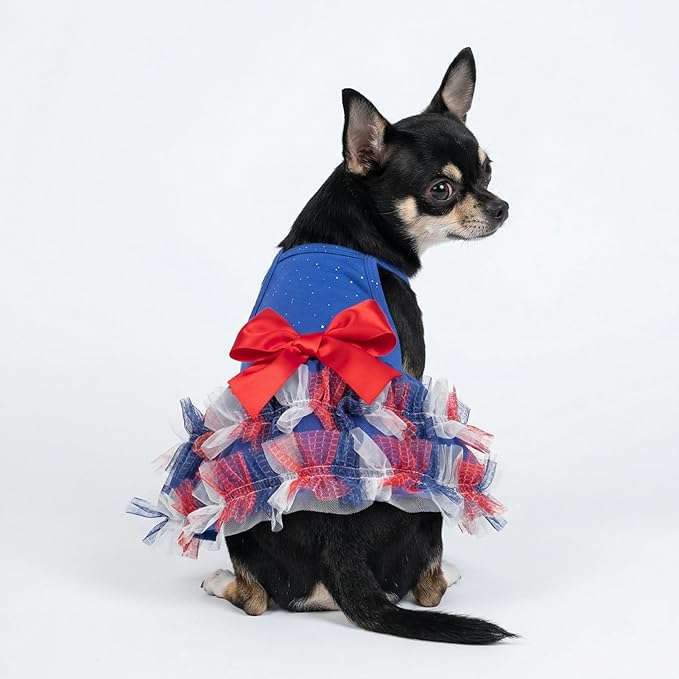 Fitwarm Patriotic Sparkly Tiered Dog Tutu Dress, 4th of July Outfit for Small Dogs Girl, Festive Pet Clothes, Red, White, Blue, XS