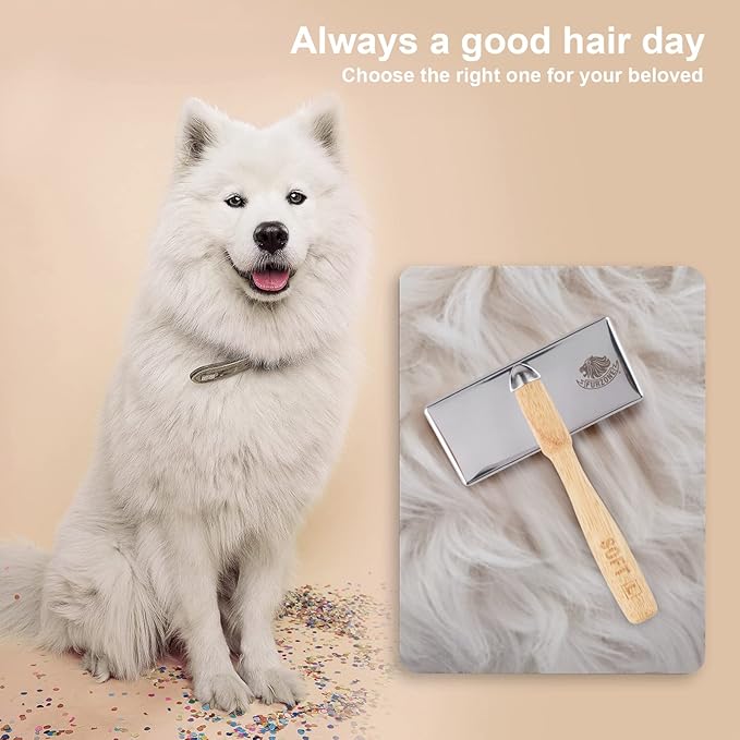 Furzone Wooden Slicker Brush for Dogs (Size L) - Stainless Steel Soft Pin Grooming Brush for Dogs