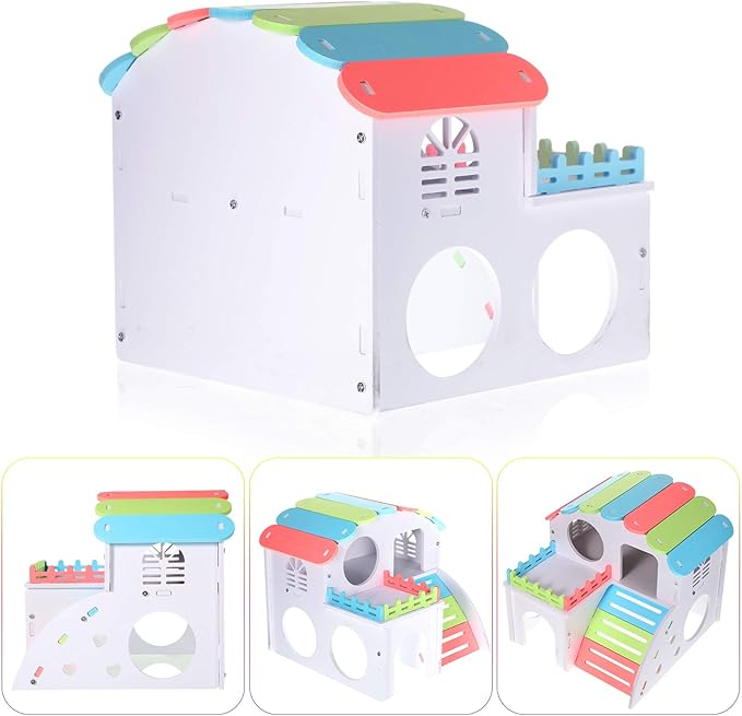 3 Pieces Fun Hamster Guinea Pig Hideout Kit Include PVC Hamster House, Rainbow Bridge, Seesaw DIY Exercise Playhouse for Rats Mouse Small Animals(Large,Rainbow Color)