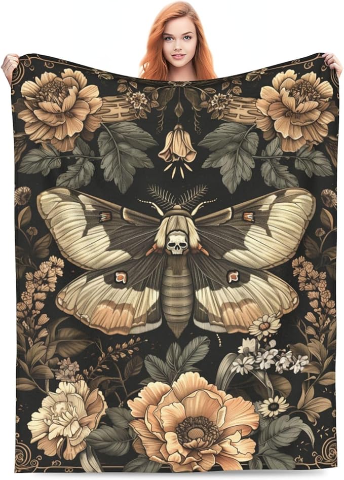 Moth Skull Blanket Gifts for Women Men Adults Gothic Lovers, Goth Plush Fleece Throw Blankets, Cozy Soft Warm Bedding Decor for Sofa Living Room Travel 40"x50"