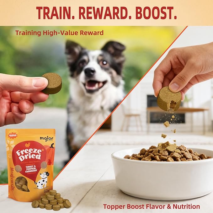 MAJOR PETS Freeze Dried Turkey Dog Treats with Pumpkin & Cranberry, Limited Ingredient High Protein Snacks for Digestive & Urinary Health, Grain Free, Training Reward & Meal Topper, Made in USA, 5oz