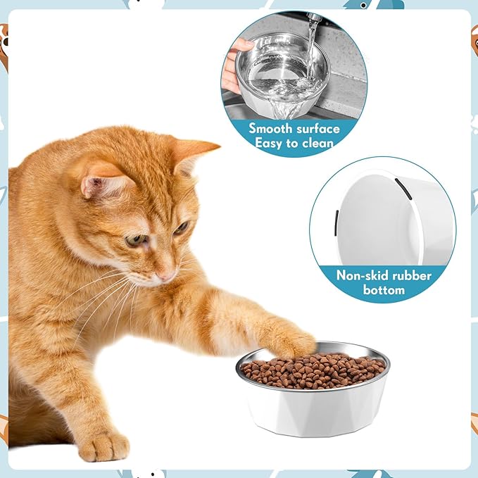 Lallisa Cat Feeder, 2 Pcs Elevated Stainless Steel Bowls with Adjustable Raised Stand, Non-Slip Pet Food and Water Bowl for Cats, Dogs, Hygienic Feeding Eating Pets (Blue, White)