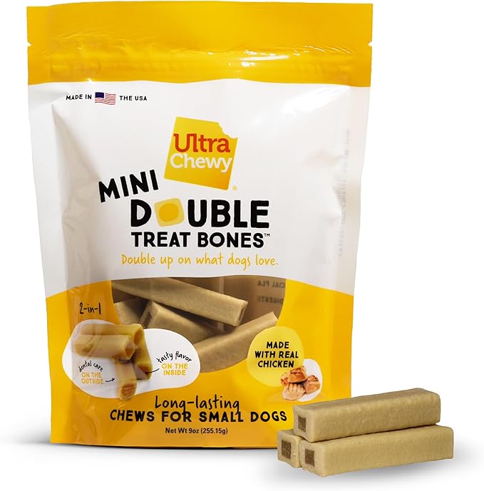 Ultra Chewy Mini Double Treat Bones: Long-Lasting Dog Treats Made in USA, Highly Digestible, Ideal for Aggressive Chewers 9oz (Chicken, 2 Packs)