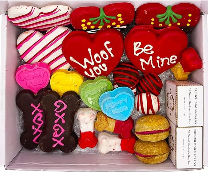 Bonne et Filou Valentine Dog Treats, Gift Box of 22 Luxury Macarons, Truffles & Bone Cookies, Healthy & Delicious Snacks for Medium to Large Dogs