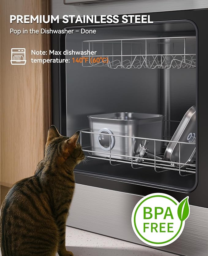 Stainless Steel Cat Water Fountain, 2.8L with 20dB Ultra-Quiet Pump- Ideal for Timid Pets, LED Water Level Window, Dishwasher Safe, 24/7 Circulation- Includes 9 Replacement Filters