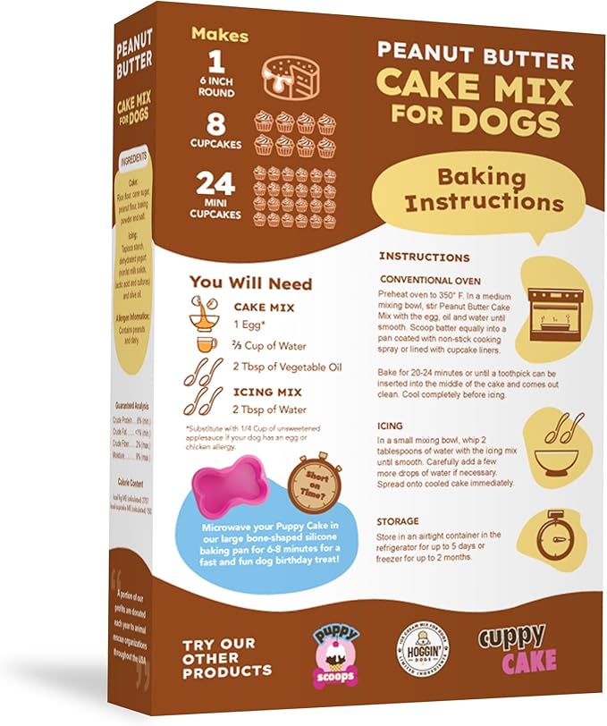 Puppy Cake Peanut Butter Dog Birthday Cake Mix with Icing - Wheat-Free, Easy to Bake/Microwave - Natural Ingredients - Made in The USA